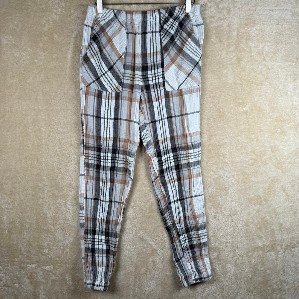 Aerie Womens Plaid Cotton Gauze Jogger Pants White Grey Tan Small Loungewear‎